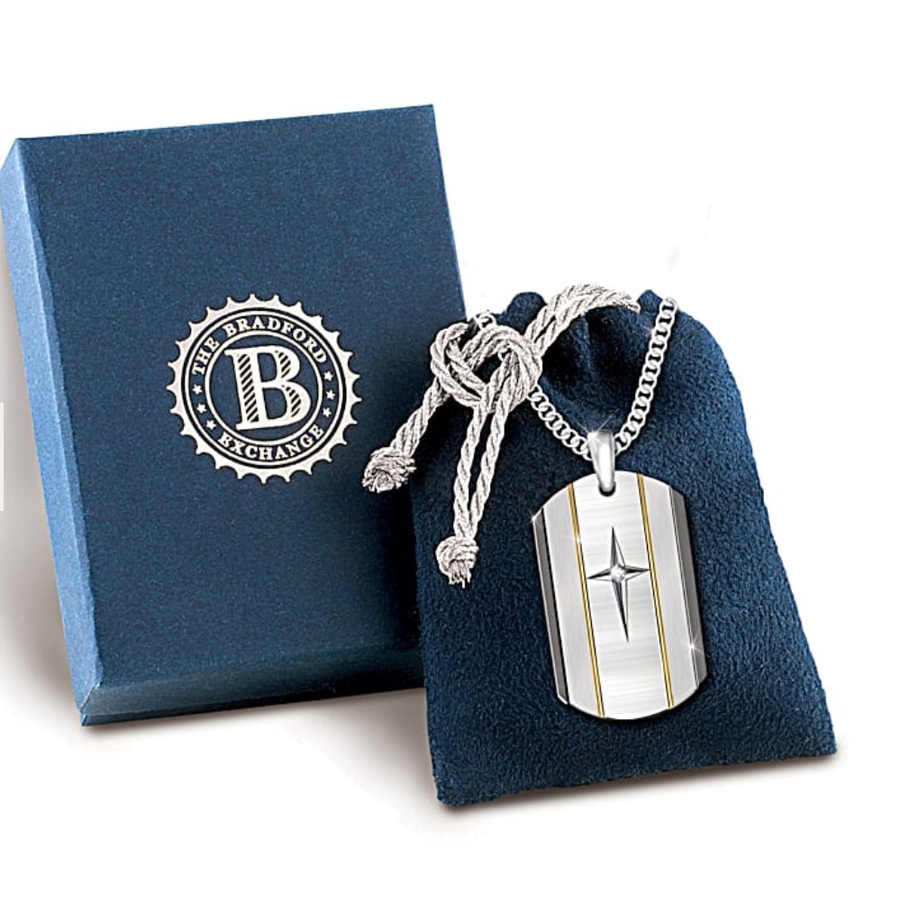 “God Is Near" White Sapphire Dog Tag Necklace For Son; Men/Boys Jewelry, NWT